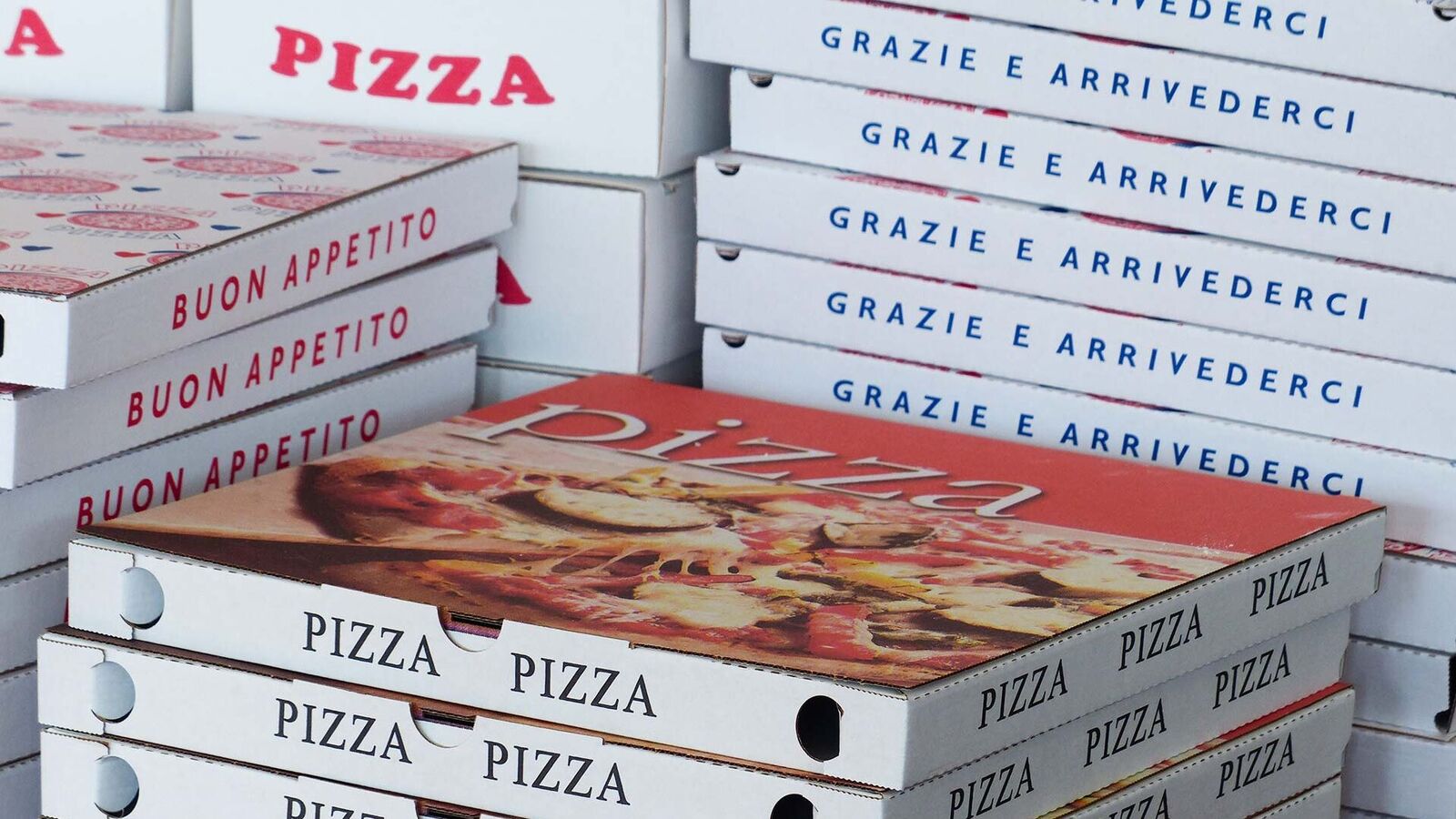 Prohibited: Pizza boxes, paper cups, paper drinking straws etc. that contain PFAS chemicals several stacks of new empty pizza boxes