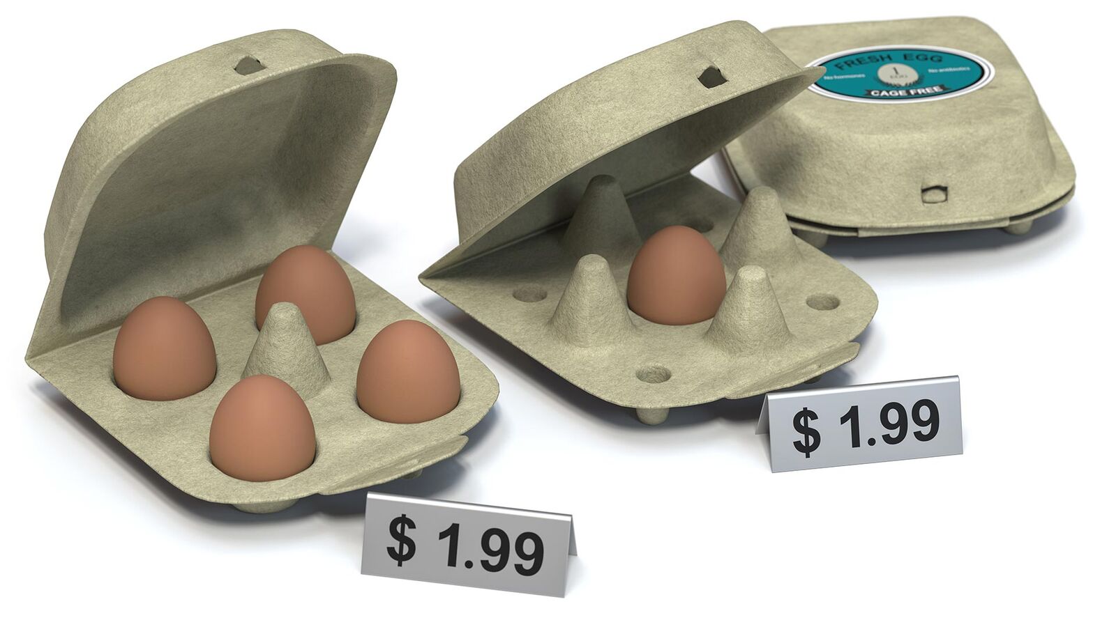 Prohibited: Cheat packs that simulate a larger product volume Three egg cartons of the same size next to each other: there are four eggs in the left one and only one egg in the centre one; the price is the same
