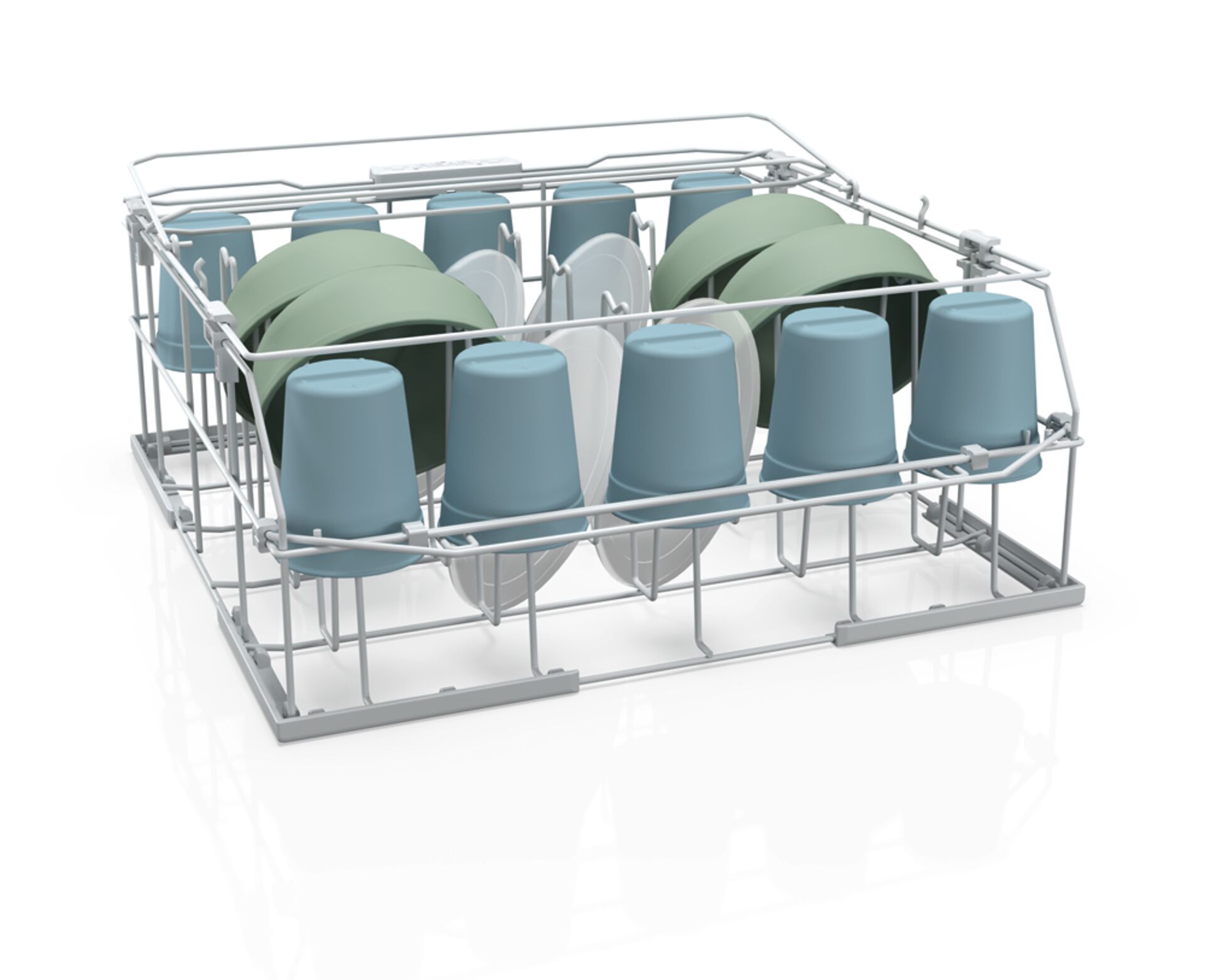 Die professionelle Lösung fürs Mehrwegspülen: das Mehrwegspülsystem von Winterhalter! Ein Spülkorb für das Mehrwegspülen von Winterhalter mit einsortierten Mehrwegbechern und Bowls