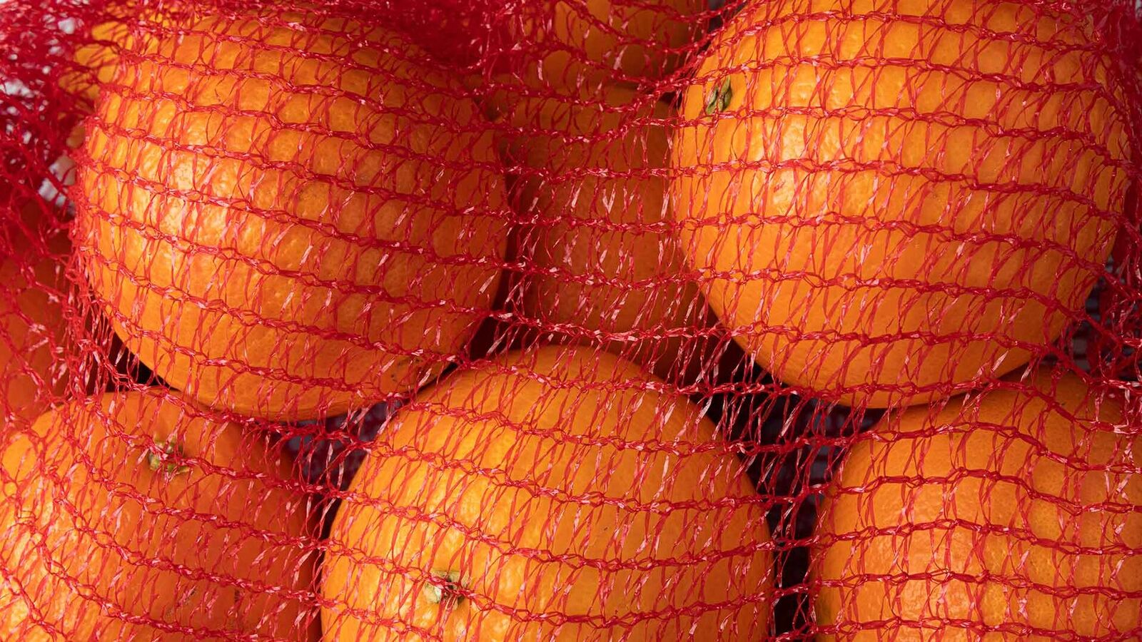 Prohibited: Fruit under 1.5 kg in disposable packaging Close-up of a red plastic net with oranges