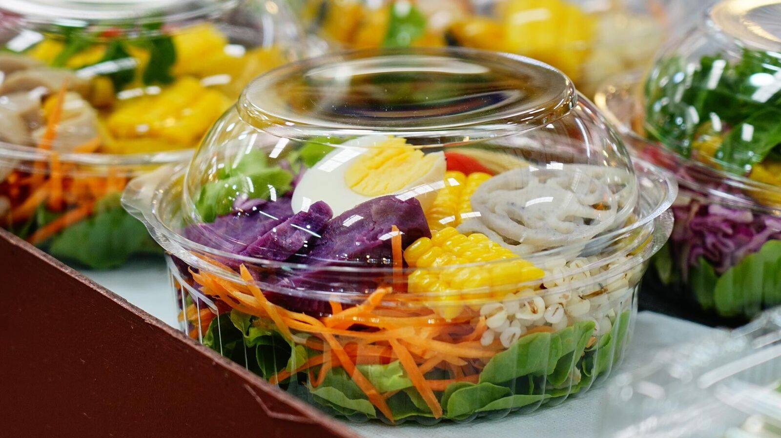 Salads in disposable packaging: prohibited or allowed? Several colourful salads in transparent plastic packaging on a refrigerated shelf