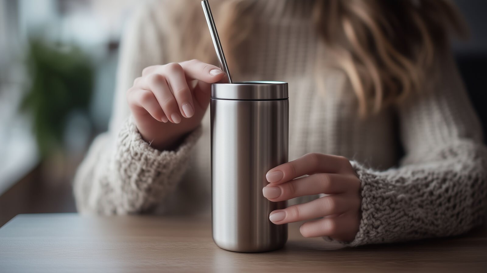 Reusable catering tableware made of stainless steel A woman sits at a table and drinks from a reusable stainless steel cup with a straw