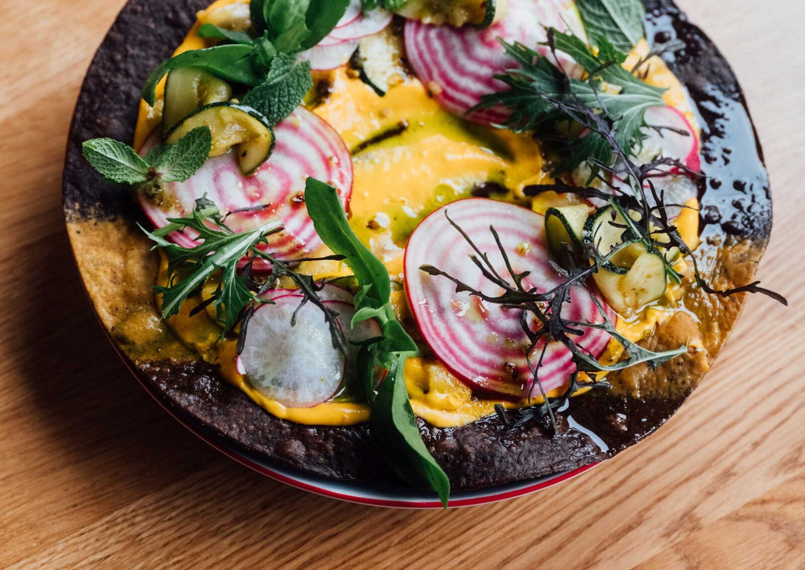 winter tostada with pumpkin cream, beets and house green chili oil winter tostada with pumpkin cream, beets and house green chili oil