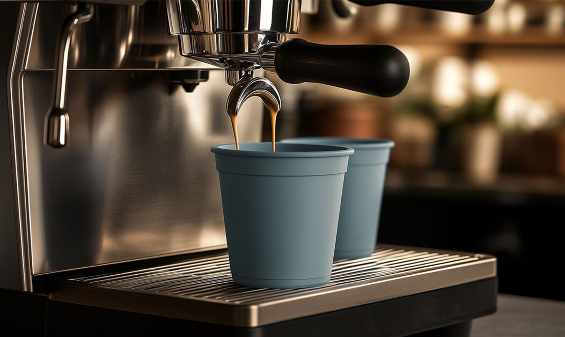 An einer Siebträgermaschine läuft Kaffee in einen Mehrwegbecher An einer Siebträgermaschine läuft Kaffee in einen Mehrwegbecher