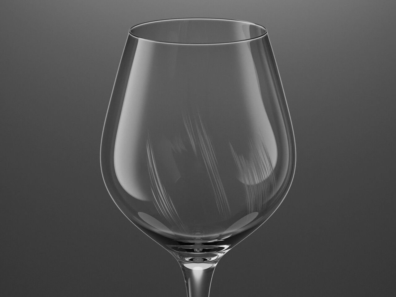 Glaskorrosion: weiße Kratzer/Linien/Streifen (Linienkorrosion) Rotweinglas mit Glaskorrosion in Form einer milchigen Trübung (Wolkenkorrosion)