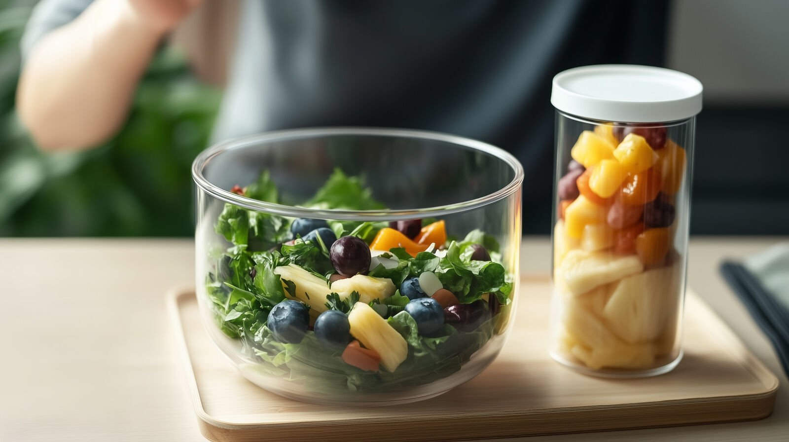 Reusable catering tableware made of glass Someone eats a salad from a reusable glass bowl; next to it is a reusable cup of fruit salad