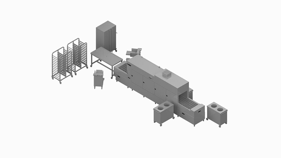 Winterhalter bandtransportvaatwasmachine MTF opstellingsvoorbeeld