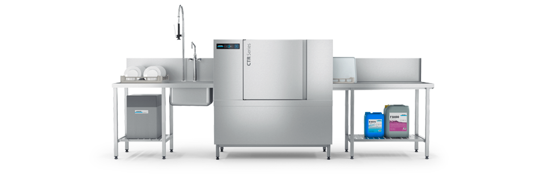 Lava-louças transportadora de cestos CTR compacta da Winterhalter Lava-louças transportadora de cestos CTR compacta da Winterhalter