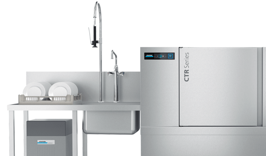 Lava-louças transportadora de cestos CTR compacta da Winterhalter Lava-louças transportadora de cestos CTR compacta da Winterhalter