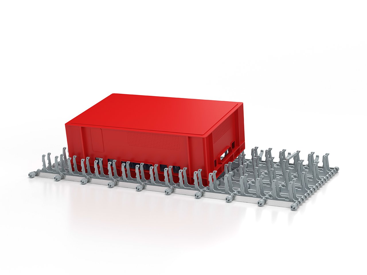 Cinta de dedos de 60 mm, tren de lavado de cinta transportadora MTF Winterhalter Cinta de dedos de 60 mm con cajas Euronorm, tren de lavado de cinta transportadora MTF Winterhalter