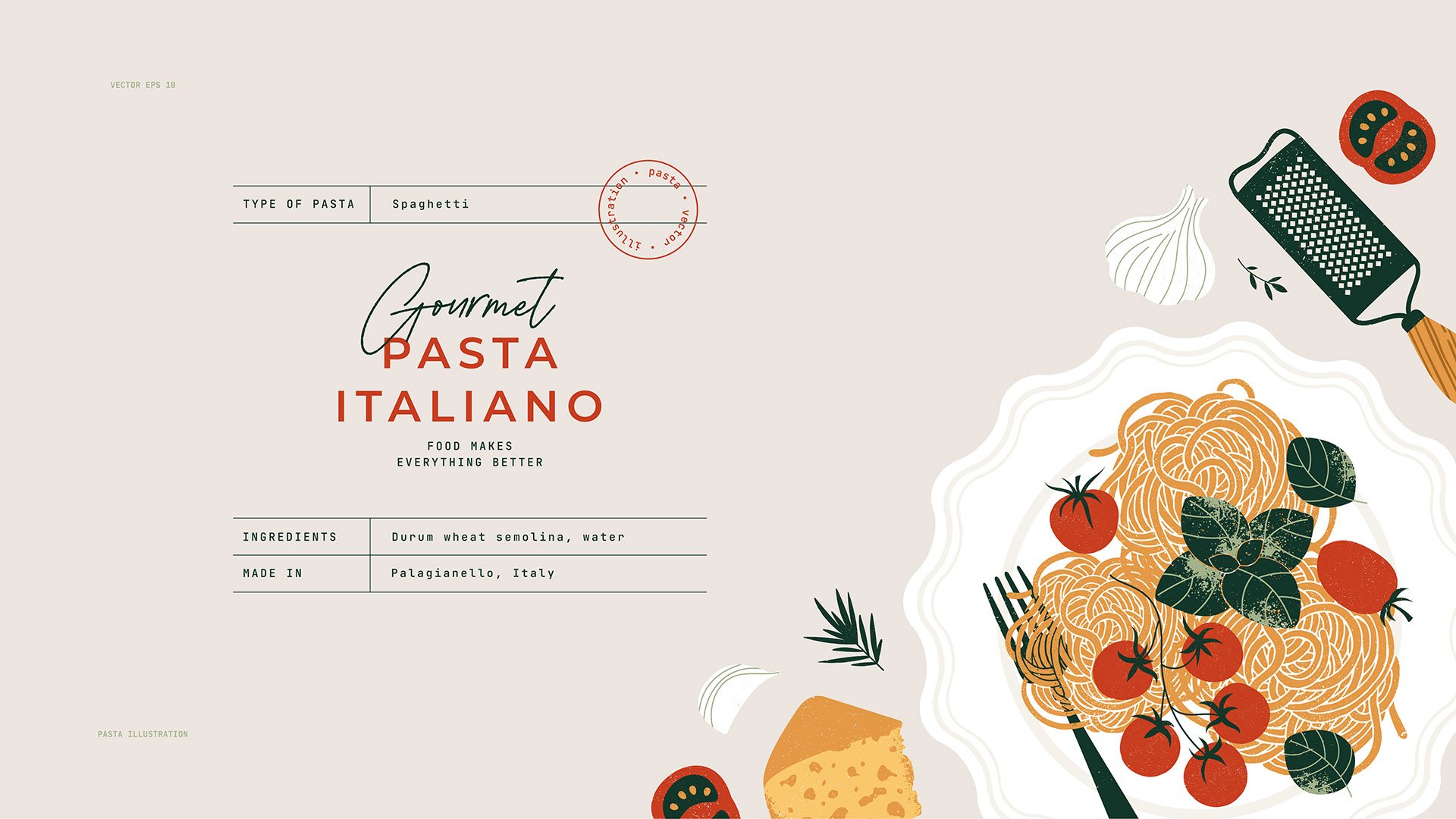 Illustrationen, Grafiken und Symbole nutzen! Speisekarte mit bunten Illustrationen und kurzer Beschreibung eines Nudelgerichts