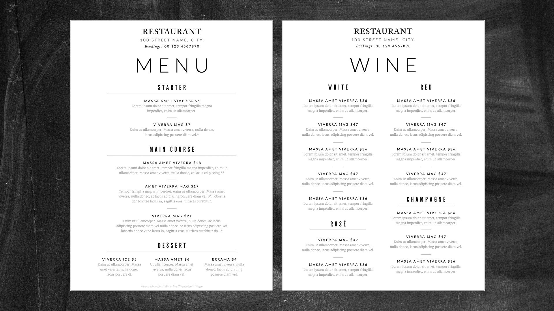 Einen klaren Aufbau schaffen! Zwei Seiten einer klar strukturierten Speisekarte mit Speisen und Weinen
