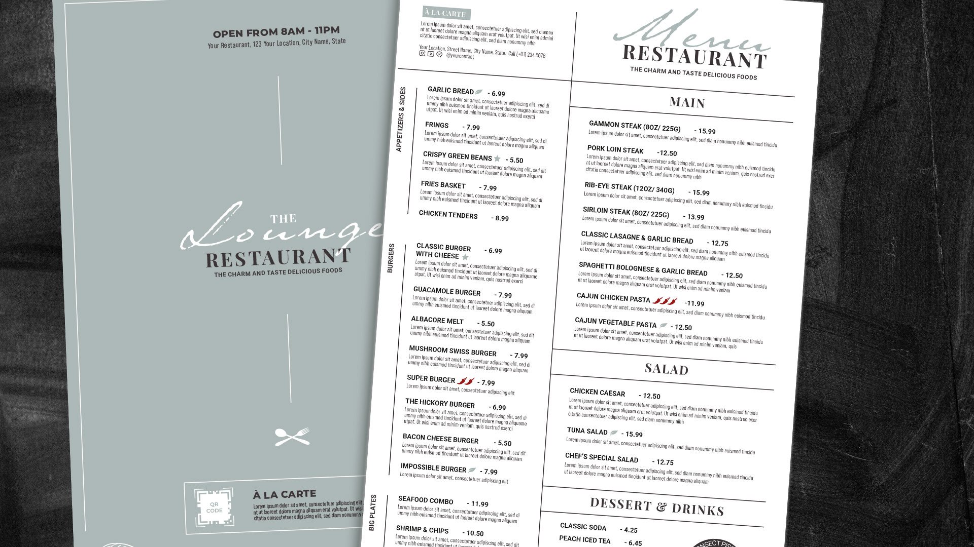 Lesekurve beachten! Speisekarte mit Hauptgerichten oben rechts