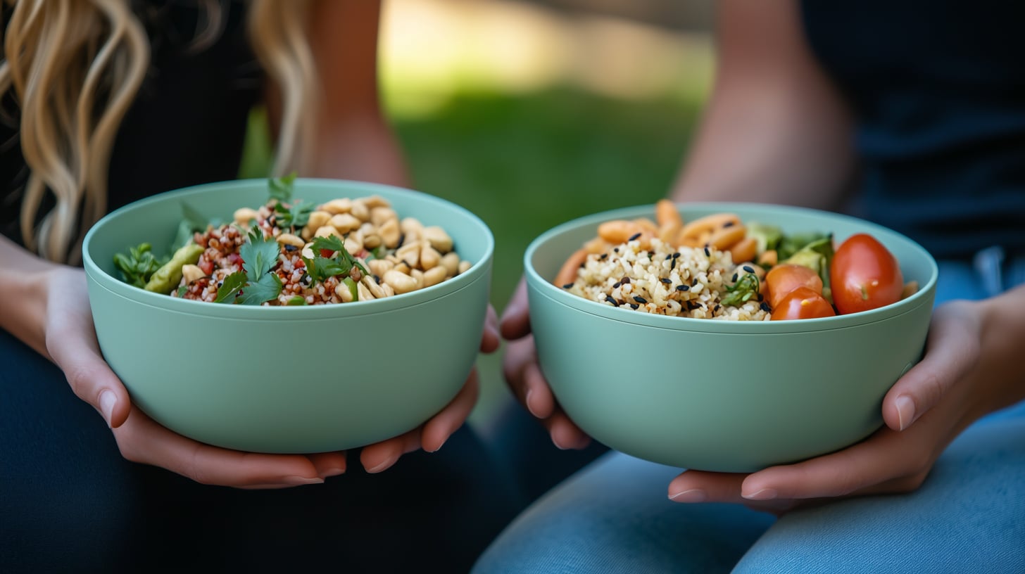 Reusable catering tableware made of plastic Two women sitting next to each other during their lunch break: each has an open bowl in their hands