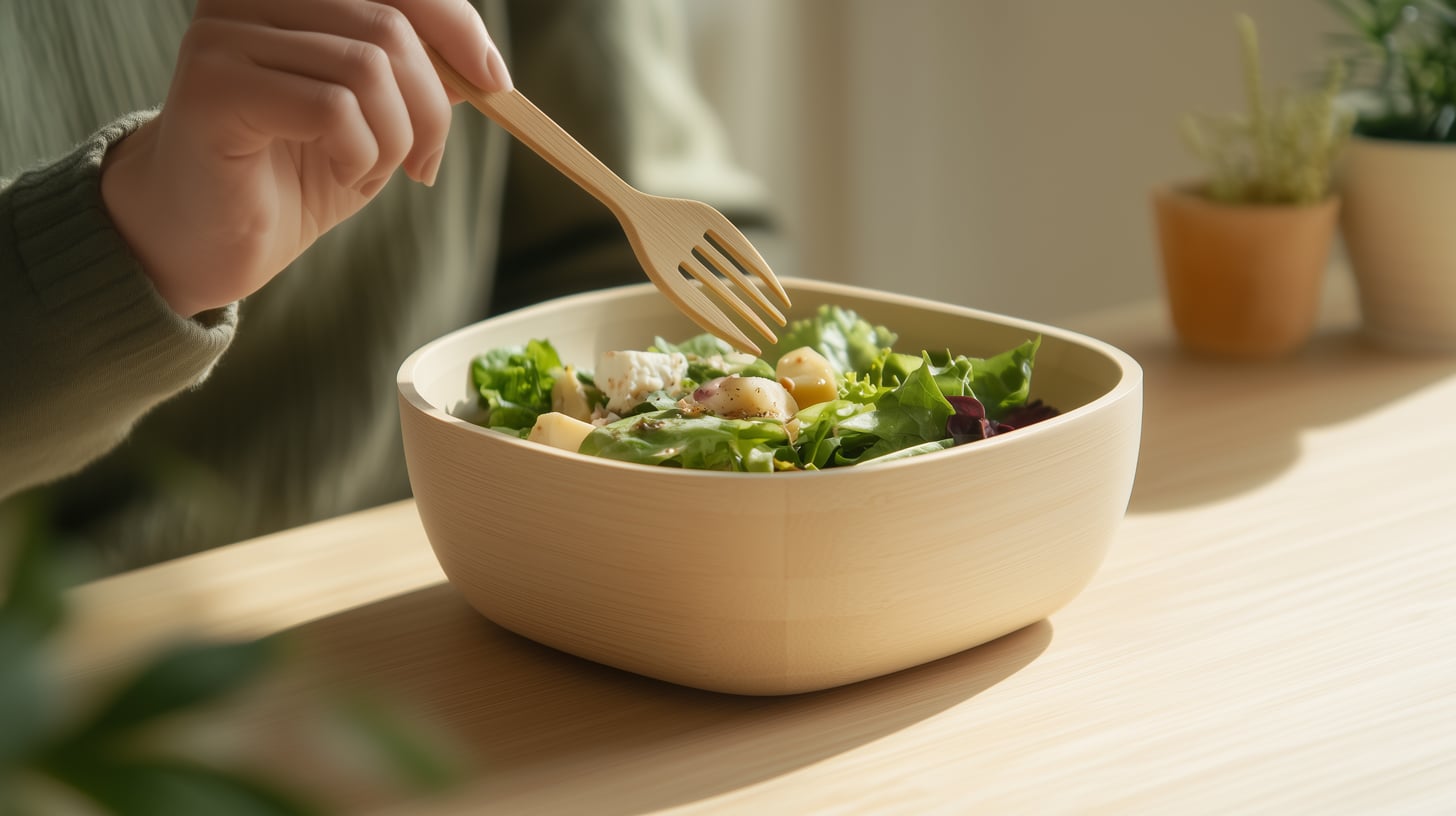 Reusable catering tableware made from renewable raw materials Someone is sitting at the table eating a salad from a reusable box