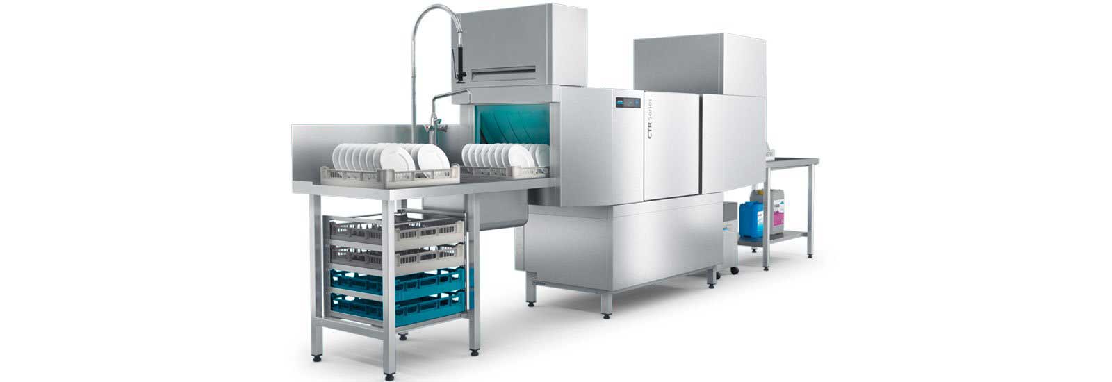 Máquina de lavar loiça transportadora de cestos compacta CTR da Winterhalter Máquina de lavar loiça transportadora de cestos compacta CTR da Winterhalter